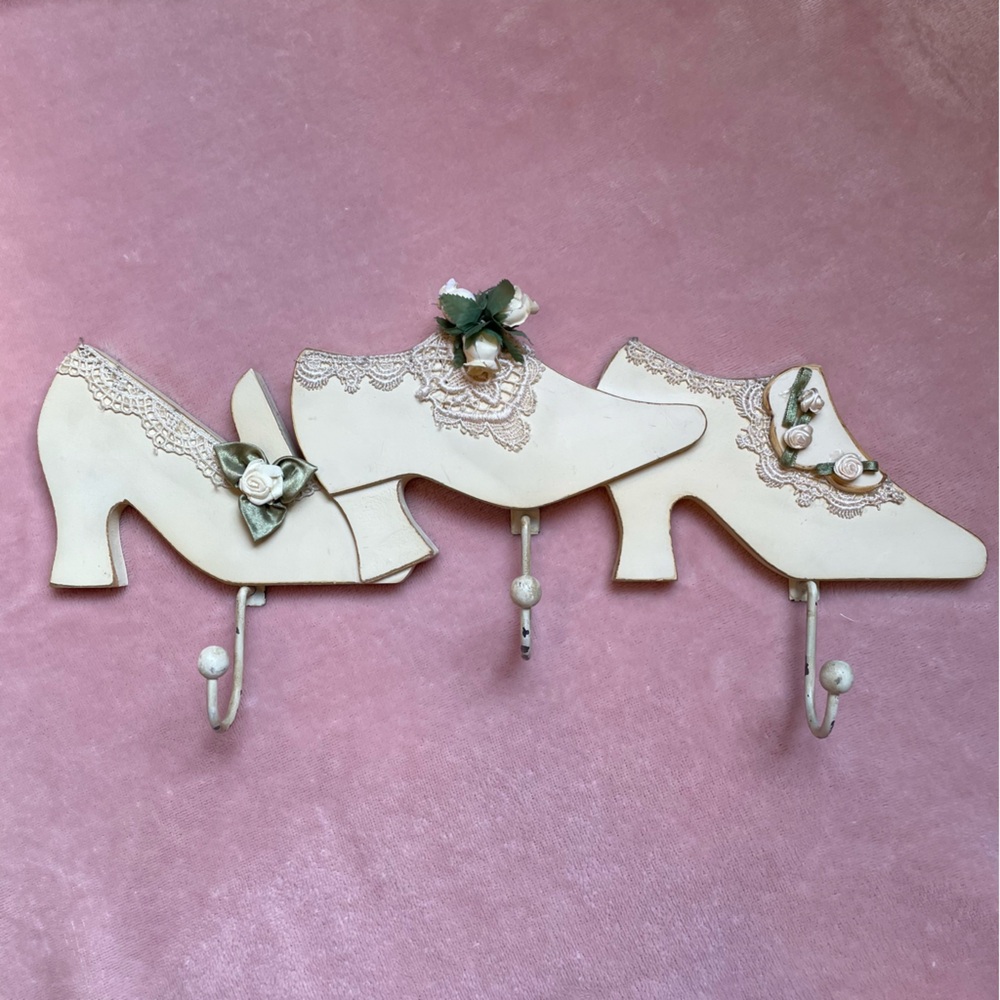 Vintage High Heels Wall Hooks Cream Color with Lace and Silk Roses Distressed